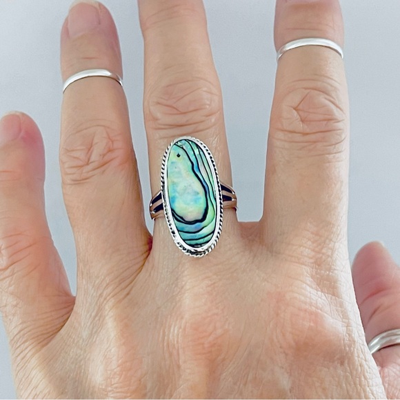 Sterling Silver Statement Abalone Ring, Silver Ring, Seashell Stone, Ocean Shell - Picture 1 of 12